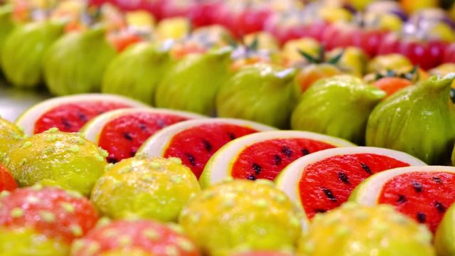 marzipan sweets pastry fruit watermelon shape of Sicily Calabria Apulia in italy