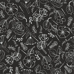 Vector Monochrome flowers on black background
