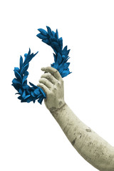 Hand holds a blue laurel wreath - bronze statue on white background for easy selection - Success...