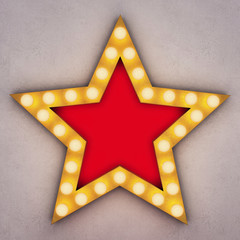 Golden retro star with glowing light bulbs on concrete background. 3D rendering