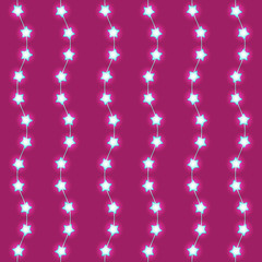 Fototapeta na wymiar Bright garlands with glowing star lights isolated on violet background. Vector design element for Holiday cards, valentine's day, Christmas, New Year, birthday, party, banners. Template or mock up