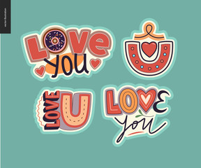 Set of contemporary girlie Love You letter logo. A set of vector patches, logo and letter composition. Vector stickers kit.