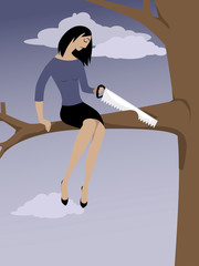 Woman sawing off a tree branch she is sitting on as a metaphor for self-sabotage, EPS 8 vector illustration - obrazy, fototapety, plakaty