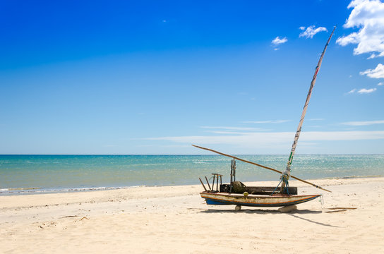 Moored Jangada Boat Over The White Sandy