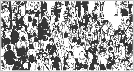Black and white illustration of large city crowd from high angle view - obrazy, fototapety, plakaty