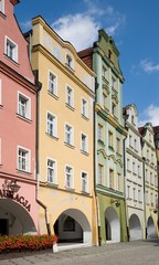 Town hall square with historic houses in the town Jelenia Gora German( Hirschberg), Lower Silesia, Poland