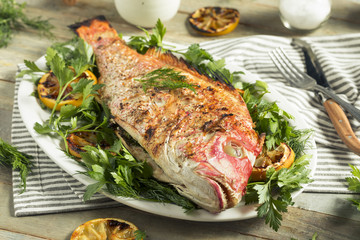 Homemade Grilled Whole Red Snapper - obrazy, fototapety, plakaty