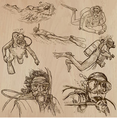 Fototapeta na wymiar DIVING - An hand drawn vector collection, Divers. Freehand drawing. Line art sketching.