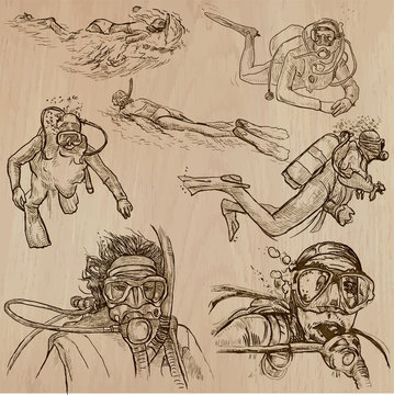 DIVING - An hand drawn vector collection, Divers. Freehand drawing. Line art sketching.
