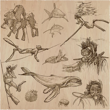DIVING - An hand drawn vector collection, Divers. Freehand drawing. Line art sketching.