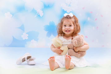 happy little girl on color background