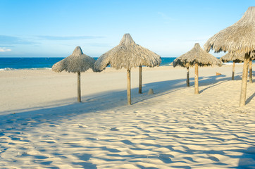 Many sun umbrellas at the beach sand
