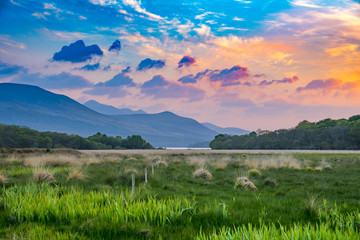 Vibrant and colorful mountain range sunset meadow with green grass and orange clouds