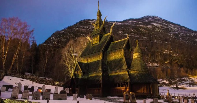 FLAM / AURLAND, NORWAY &ndash; FEBRUARY,2017 : Moving timelapse of Borgund Stave Church at sunset with light changing in view