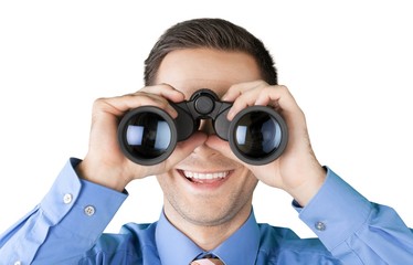 Smiling Businessman Using Binoculars