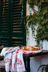 Wedding bread from wheat flour dough on the table