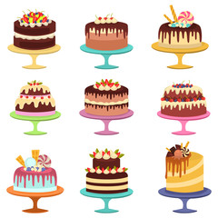 Colorful appetizing cakes with cream and decorations color icons set