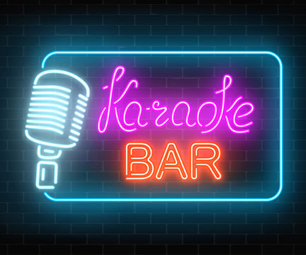 Neon signboard of karaoke music bar. Glowing street sign of a nightclub with live music. Sound cafe icon.