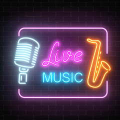 Neon signboard of nightclub with live music. Glowing street sign of bar with karaoke. Sound cafe icon with frame.