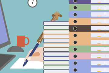 Workload, overworking represented by piles of binders, clock, and cup of coffee. The giraffe pen cap helps highlight the height of the piles