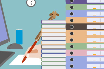 Workload, overworking represented by piles of binders, clock, and can of energy drink. The giraffe pen cap helps highlight the height of the piles.