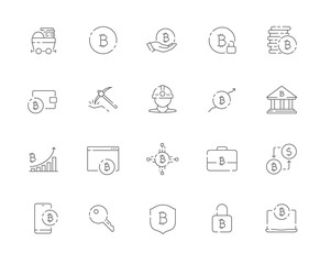 Simple set of Bitcoin related vector line web icons. Contains such Icons as Bitcoin, Miner, Distribution, Security, Portfolio and more. Editable Stroke. 48x48 Pixel Perfect.