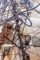 Chaotic mess of electric cables in the center of Delhi, India