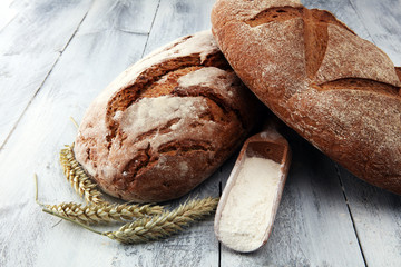 Freshly baked bread and flour in a bakery concept set.