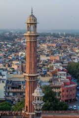 Minaret of Jama Masjid mosque in the center of Delhi, India.