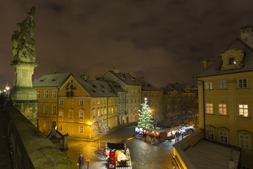 Christmas Mood on the snowy night historical Island Kampa, Prague, Czech Republic