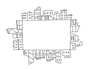 City panorama drawing in rectangular square area. Place for text. Hand drawn sketch vector stock line illustration. Building architecture landscape.