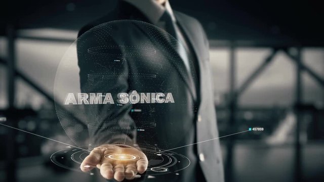 Arma sônica Sonic weapon with hologram businessman concept, in English Sonic weapon
