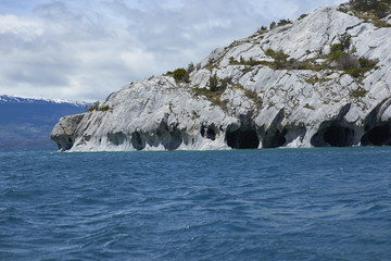 Marble Caves on the shore of Lago General Carrera along the Carretera Austral in Northern Patagonia, Chile.