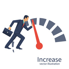 Businessman pushing speedometer scale increase in profit. Rise of opportunity. More power. Business aspirations. Vector illustration flat design. Isolated on background. 