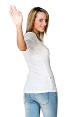 Obraz premium Confident woman showing you good bye with her hand