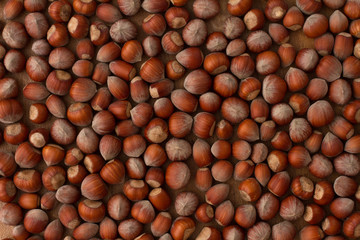 hazelnuts scattered on boards, photographed from above, forming a uniform background