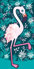 Flamingo with tropical palm leaves. Perfect for wallpapers, web page backgrounds, surface textures, textiles.