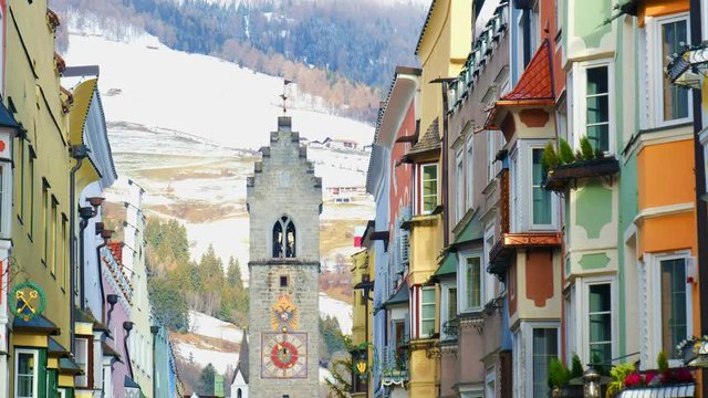 colorful houses tower Vipiteno Trentino Alto Adige South Tyrol dolomite village