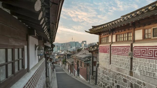 Sunrise timelapse at Seoul Bukchon Hanok Village, Seoul, South Korea 4K Time lapse