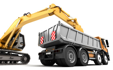 Composition of hydraulic Excavator loading dump truck. 3d illustration. Side view. Isolated on white © Evgenii Iakovenko
