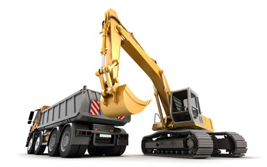 Composition of hydraulic Excavator and dump truck with buckets at foreground. 3d illustration. Isolated on white