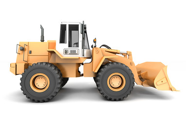 Yellow hydraulic loader moving left to right isolated on white background. 3D illustration. wide angle. Side view