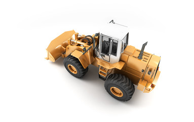 Yellow hydraulic loader isolated on white. Right to left direction. 3D illustration. View from above