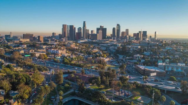Cinematic urban aerial time lapse of downtown Los Angeles skyline