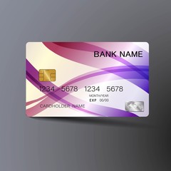 Modern credit card set template design. With inspiration from the abstract. White and purple color on the gray background. Vector illustration.Glossy plastic style.