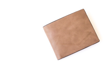 Closeup top view brown leather wallet for men on white background, fashion and business concept