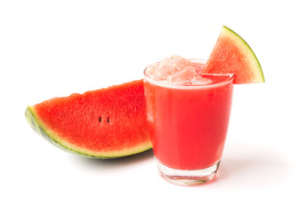Closeup fresh water melon smoothie in glass and bottle on white background, Fruit drink for healthy concept, selective focus