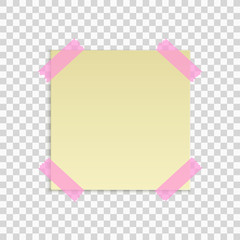 Yellow sticky note isolated on transparent background. Office note. Pink scotch tape. Template for your project. Vector.