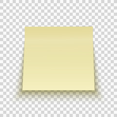Yellow sticky note isolated on transparent background. Office note. Template for your project. Vector.