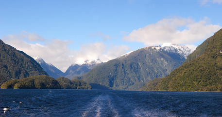 View from ship's stern looking into Doubtful Sound